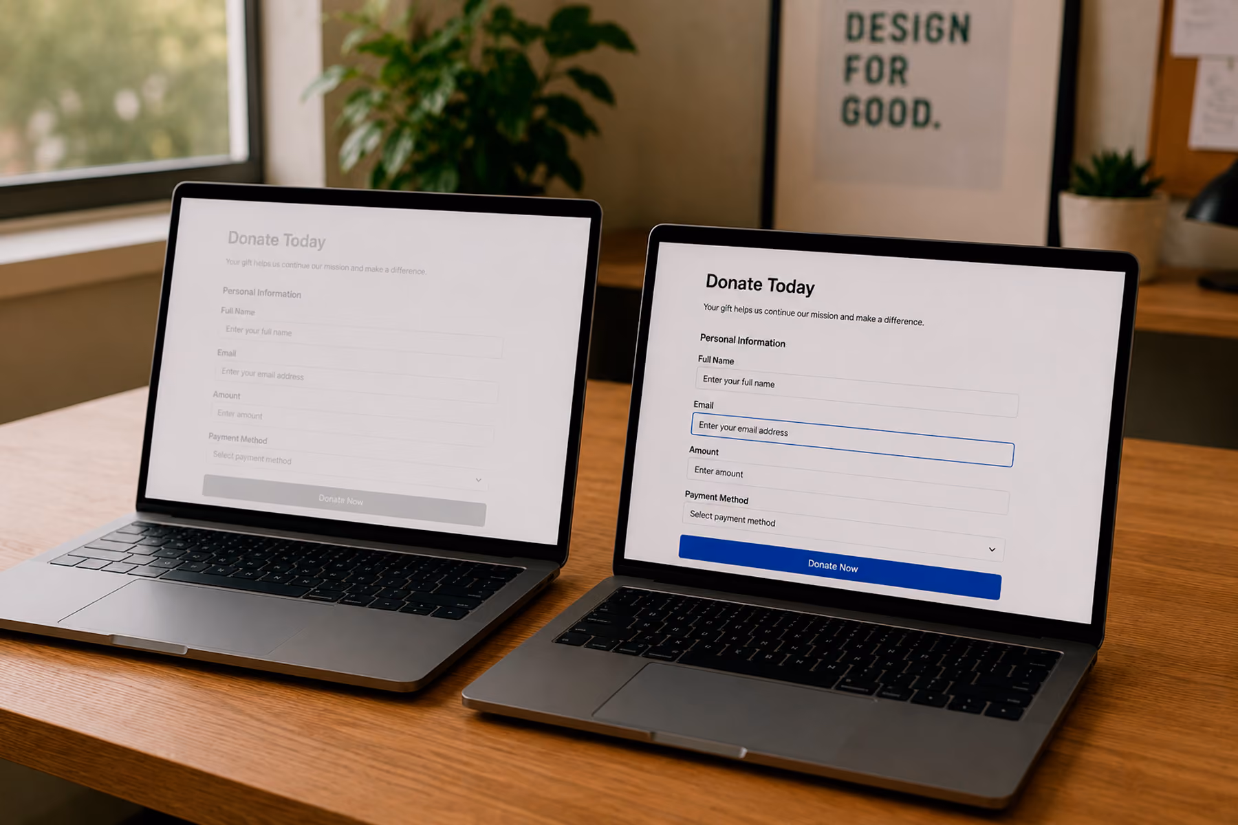 Comparison inaccessible donation form with low contrast versus accessible version with proper focus indicator on laptop screens
