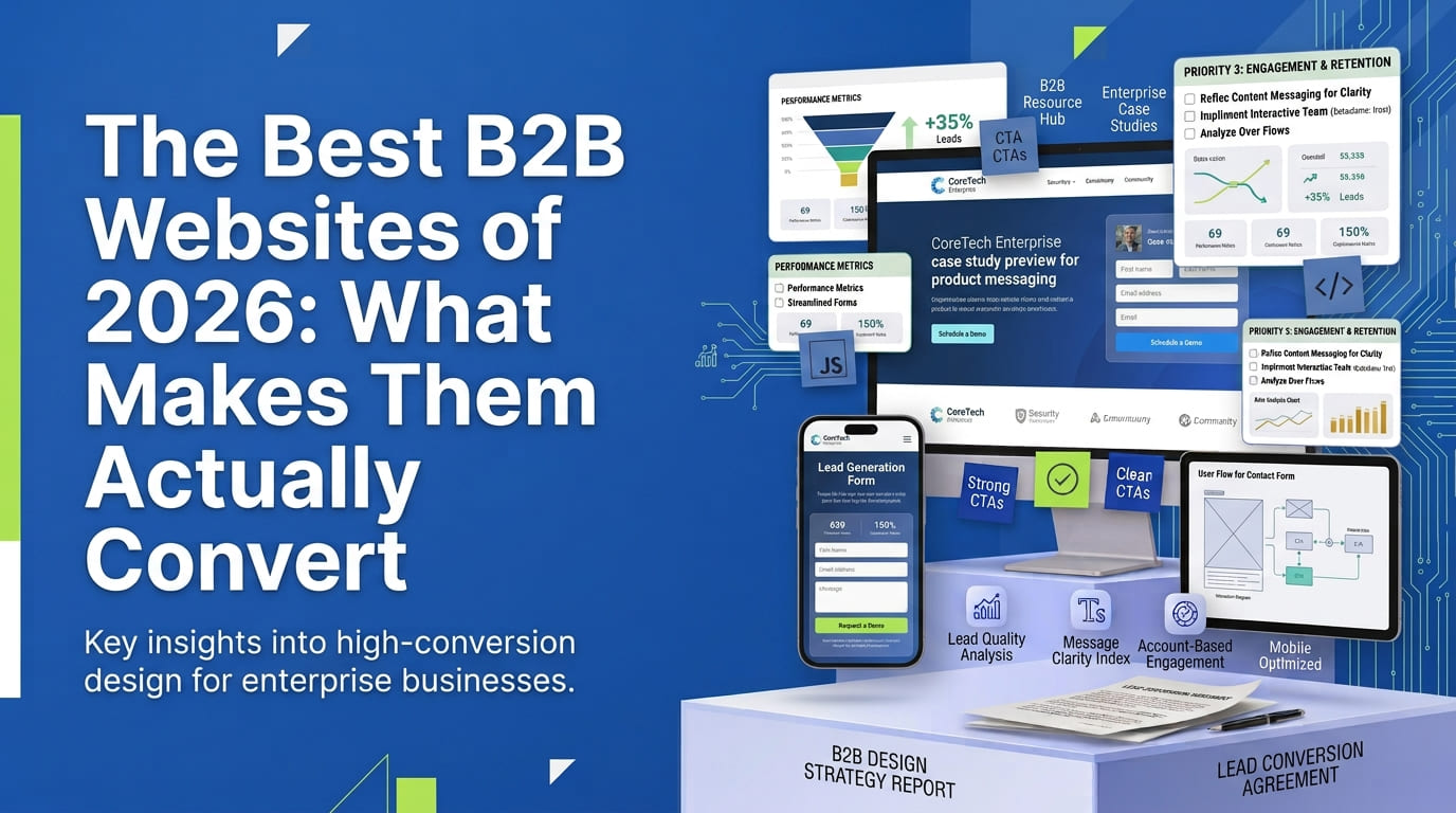 A collection of the best B2B website designs displayed across desktop and mobile screens, showcasing clean layouts, clear messaging, and conversion-focused user experience elements.