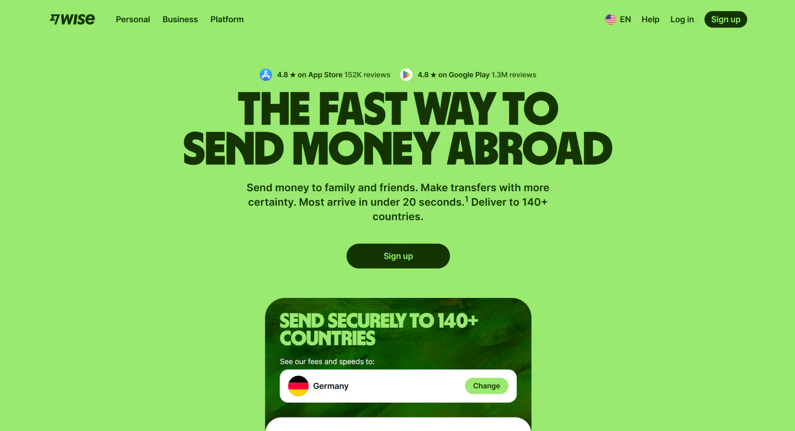 Wise money transfer website hero section with bold typography, clean layout, and interactive currency conversion module