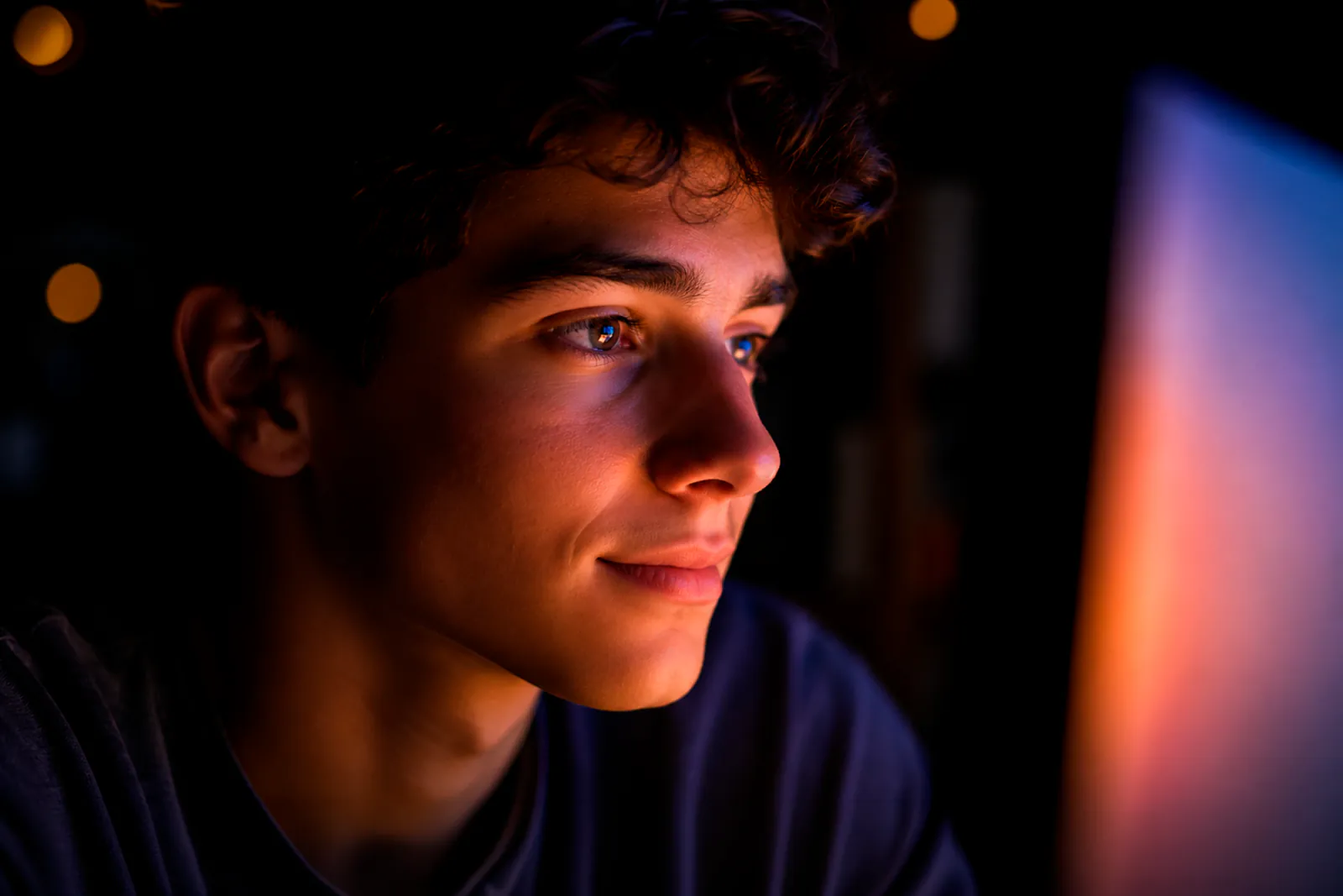 Close-up of a person's eye reflecting the colorful glow of a screen, symbolizing the immediate visual impact of cool website design