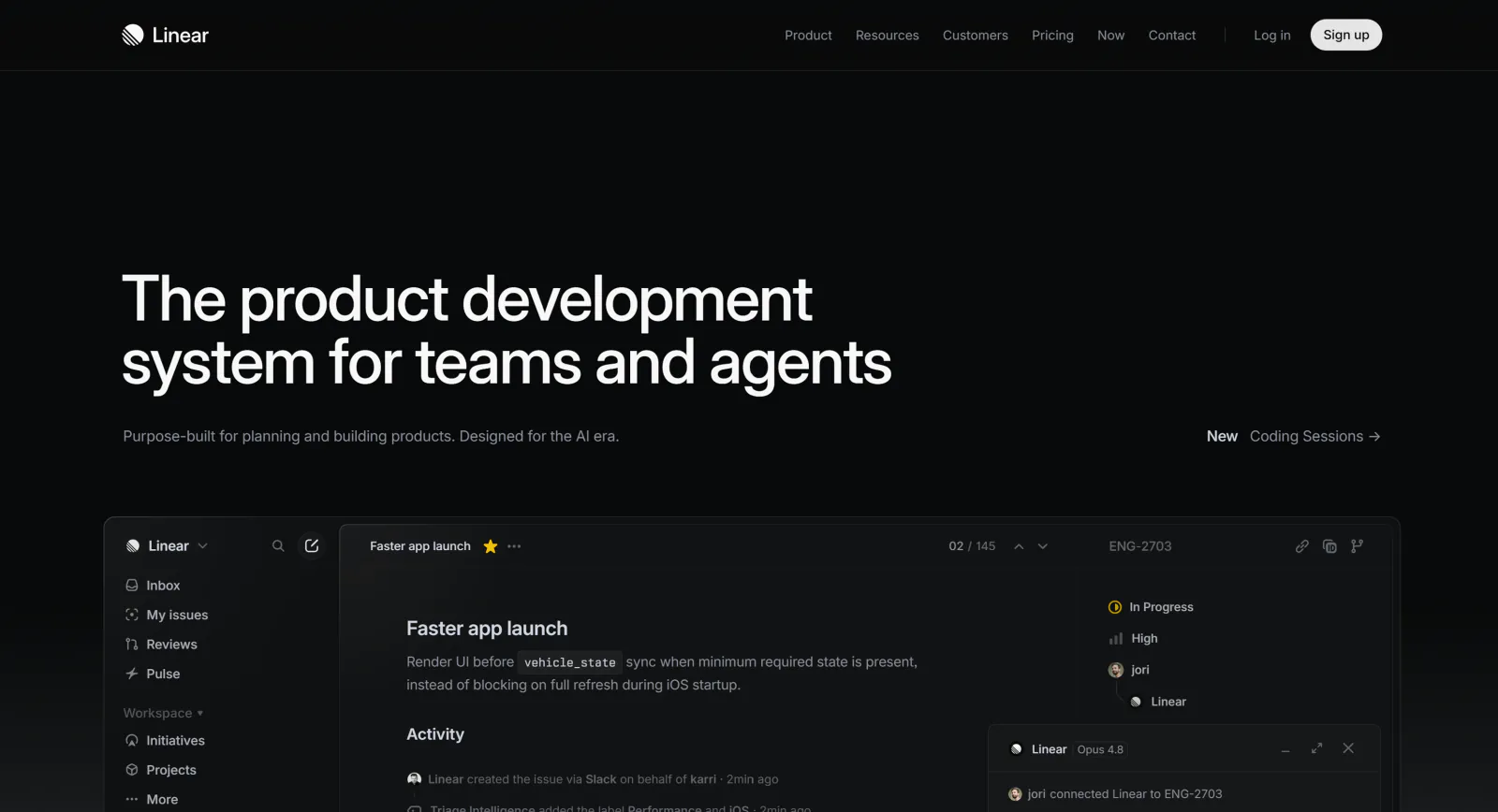 Linear website hero section with dark minimalist design, product development messaging, and a product interface preview