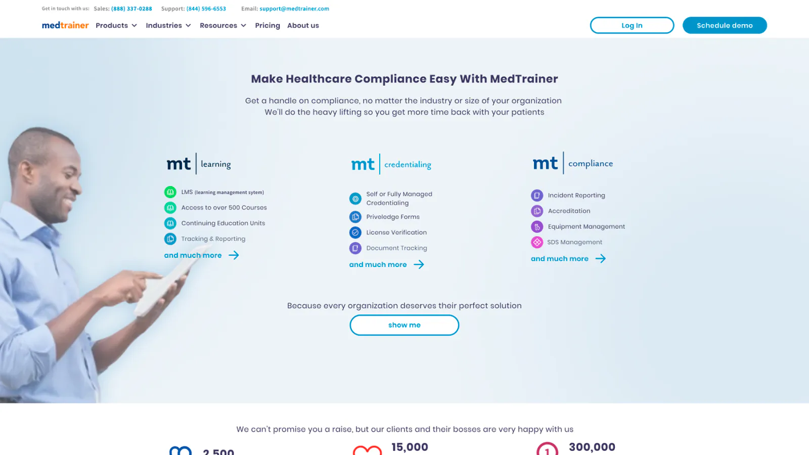 MedTrainer website section with healthcare compliance solutions organized into learning, credentialing, and compliance categories