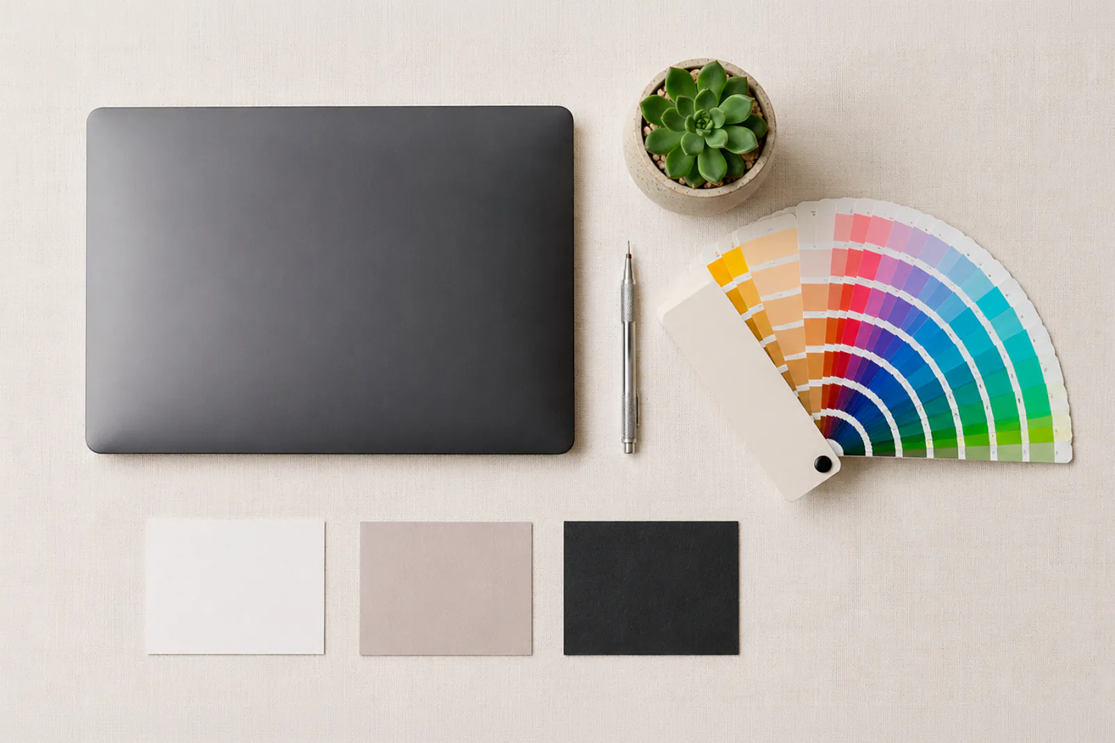 Organized designer's flat lay with color swatches and tools, representing the coherence and intentionality behind great website design