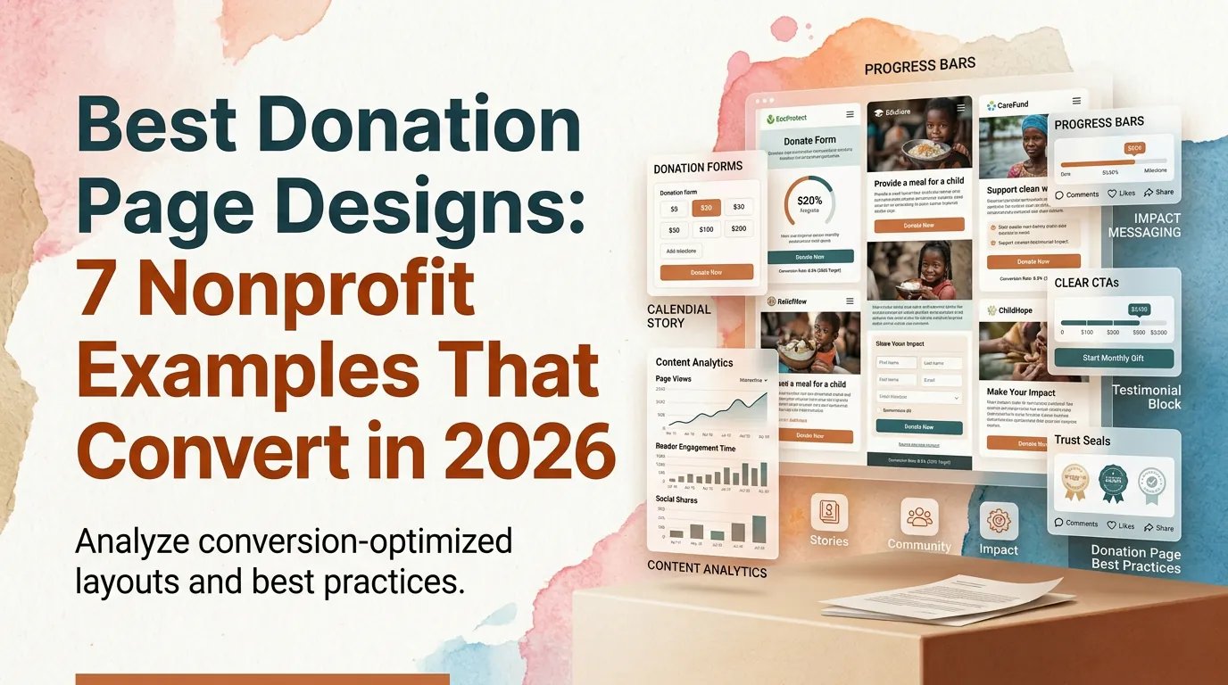 Grid of seven nonprofit donation page screenshots — WWF-Canada, charity: water, World Central Kitchen, DonorsChoose, and Kiva — each with a callout naming its signature conversion element