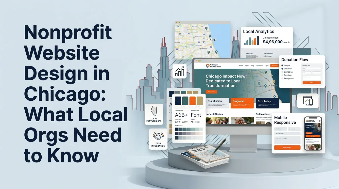 Cost comparison table for Chicago nonprofit website design — DIY, freelancer, template agency, and custom engagement — with a callout showing the $72,000 annual revenue gain from a conversion rate improvement