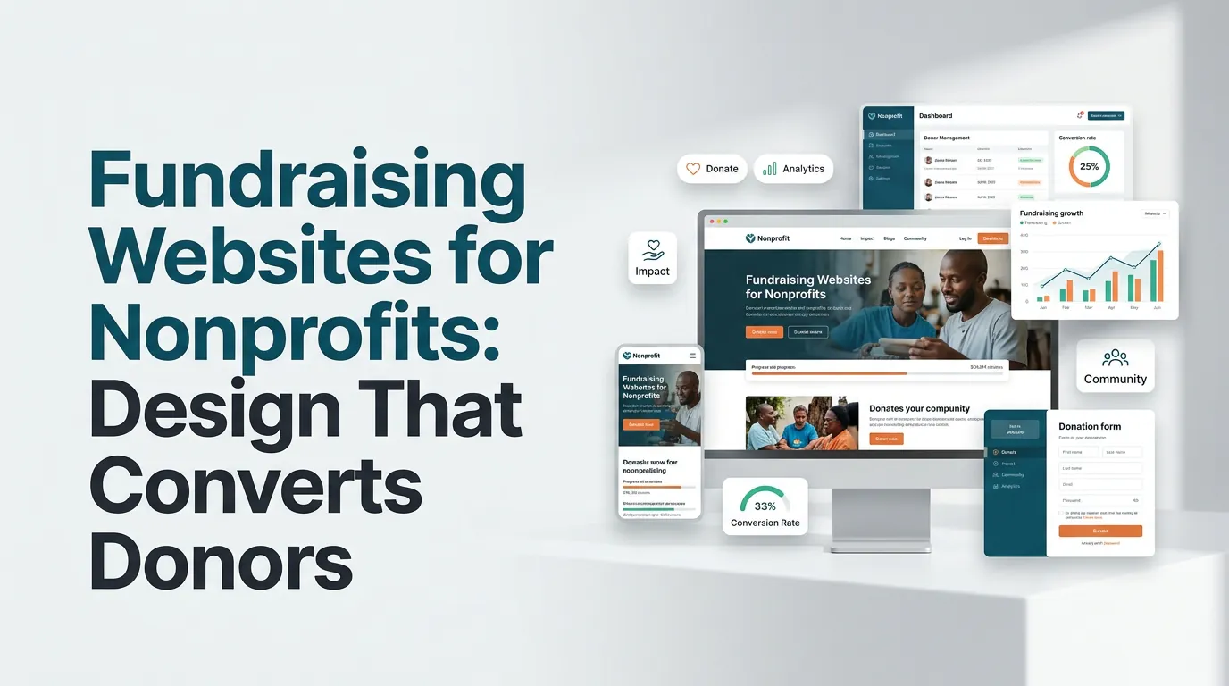 Donation form mockup showing preset giving amounts with impact context — "$50 feeds a family for a week" — alongside callouts for recurring giving toggle, security badges, and minimal required fields