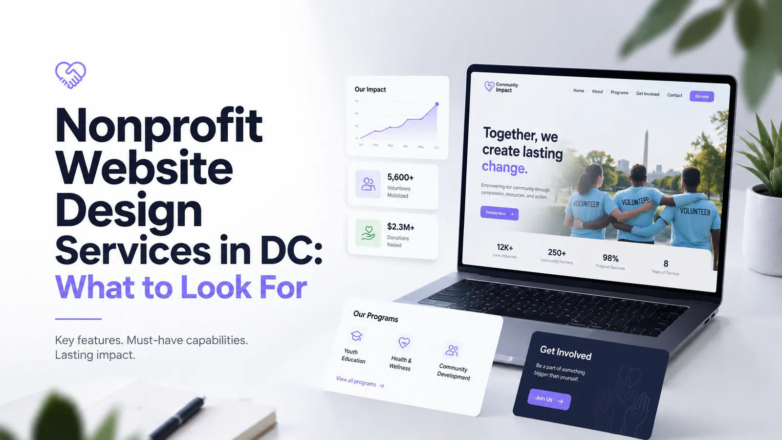 Evaluation matrix comparing three DC nonprofit web design agencies — with weighted scoring rows for user research quality, nonprofit portfolio results, reference quality, and post-launch support