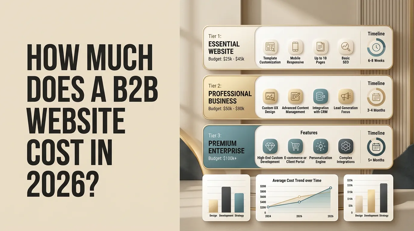 Clean pricing comparison chart showing B2B website investment tiers from $5K template builds to $250K enterprise redesigns, with key deliverables and expected outcomes at each level