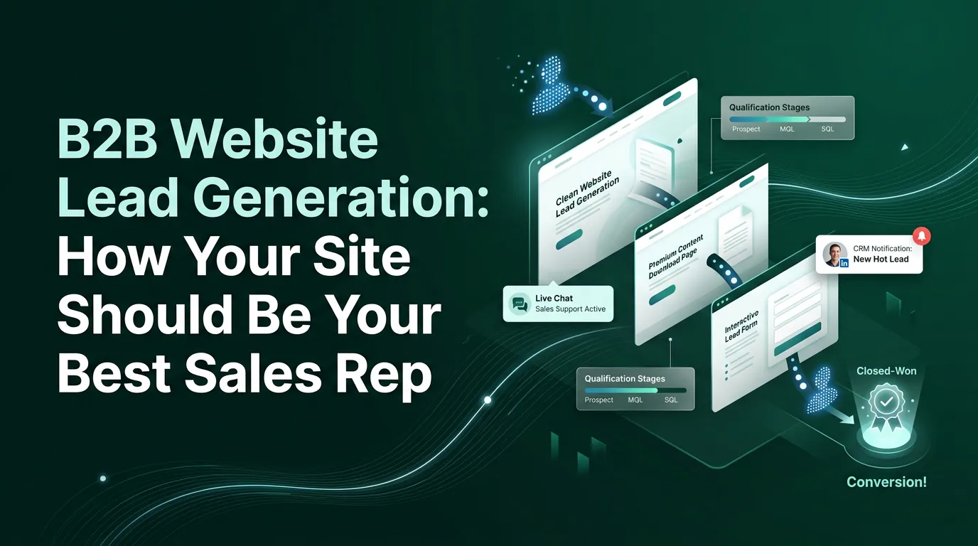 Diagram showing B2B website lead generation funnel from organic search through landing page conversion to CRM pipeline, with conversion rate annotations at each stage