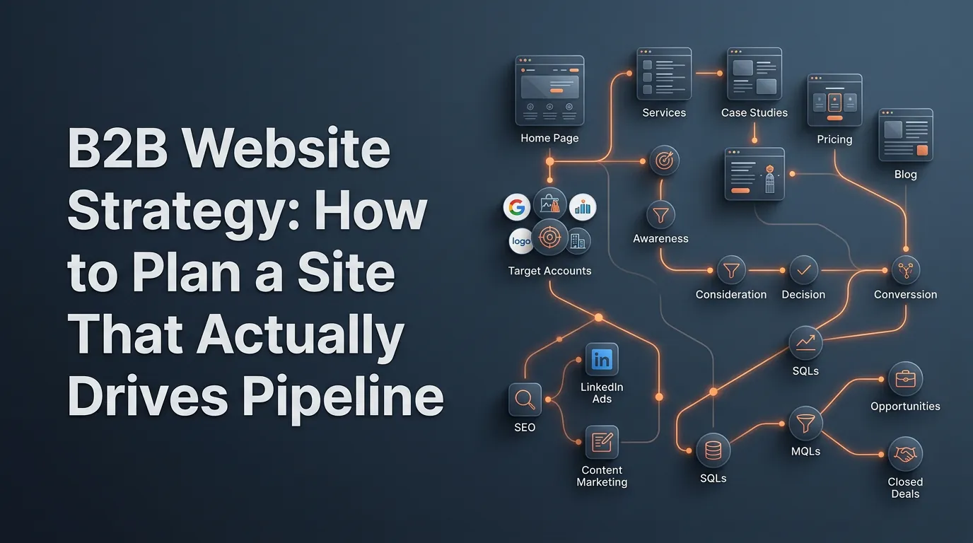 Whiteboard diagram showing a B2B website strategy framework with conversion goal at center, buyer personas mapped around it, and content funnel stages radiating outward with internal linking arrows
