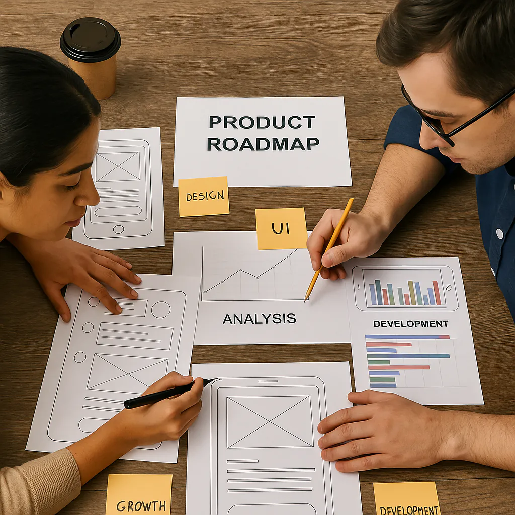 Product team reviewing UX wireframes and development roadmap on a whiteboard during a strategic planning session