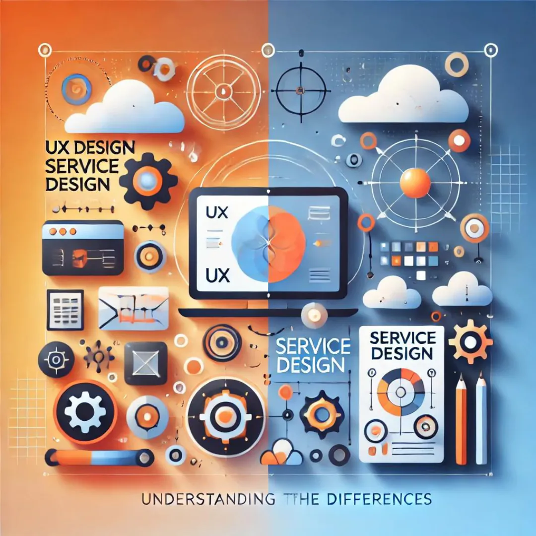 A designer comparing UX and service design frameworks side by side on a whiteboard and digital screen.