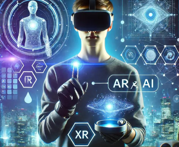 A UX designer working on an immersive virtual reality interface, surrounded by holographic displays representing the integration of VR, XR, and AI technologies.