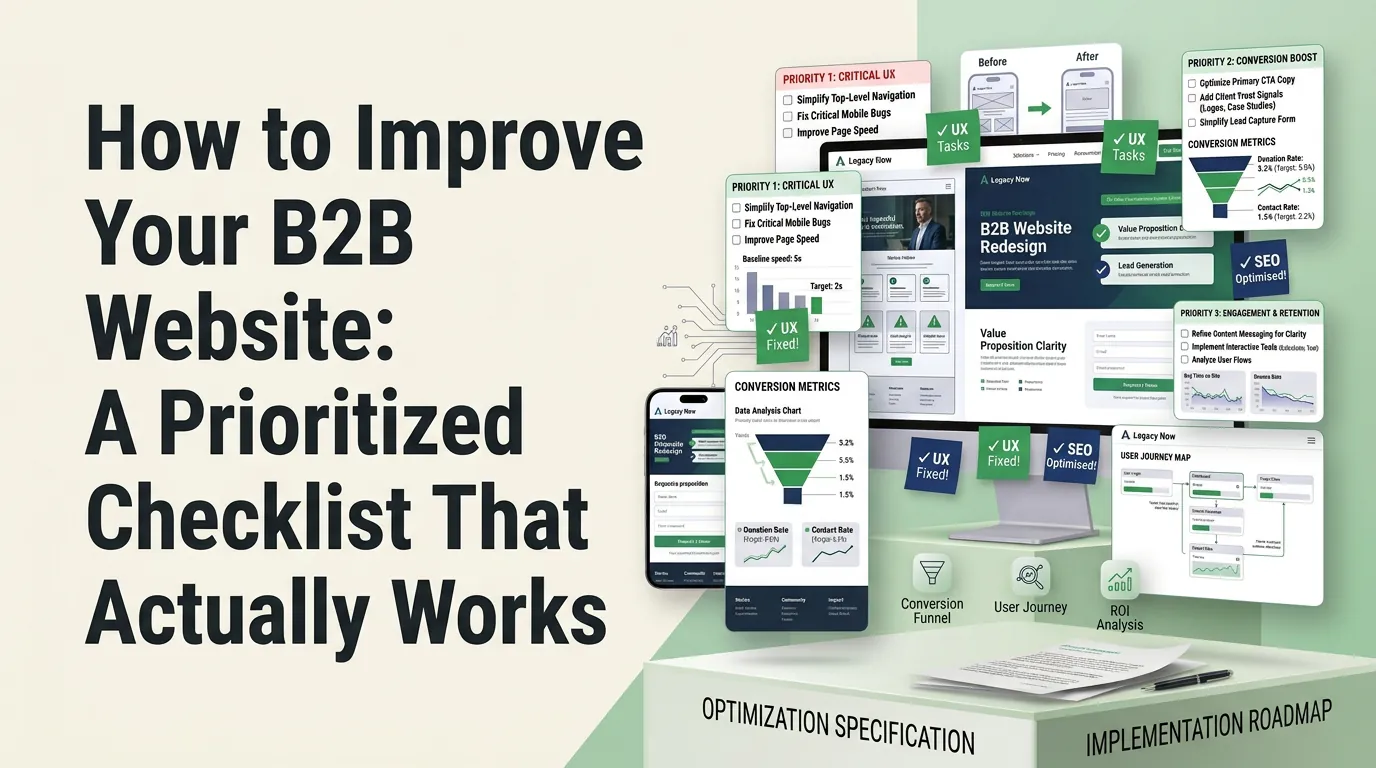 Checklist-style graphic showing prioritized B2B website improvements organized into quick wins, tactical improvements, and structural changes, with expected impact and effort level indicated for each item