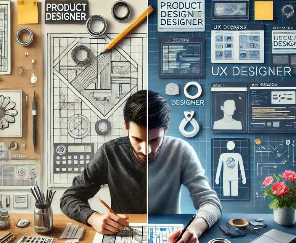 A product designer and UX designer collaborating at a shared workspace, reviewing wireframes and product prototypes that represent the complementary roles of product design and user experience design.