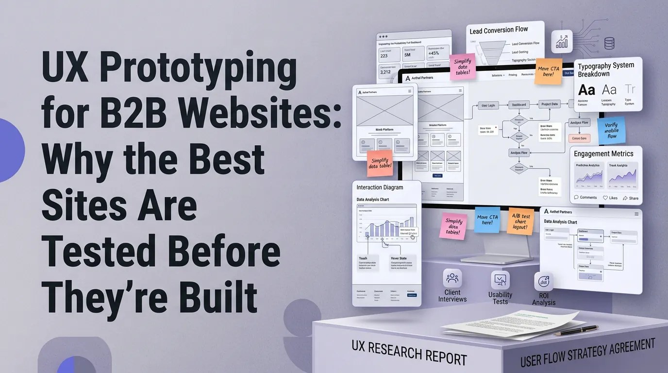 Figma prototype screens showing a B2B website conversion flow being tested, with annotations marking friction points identified during user testing and the design iterations that resolved them