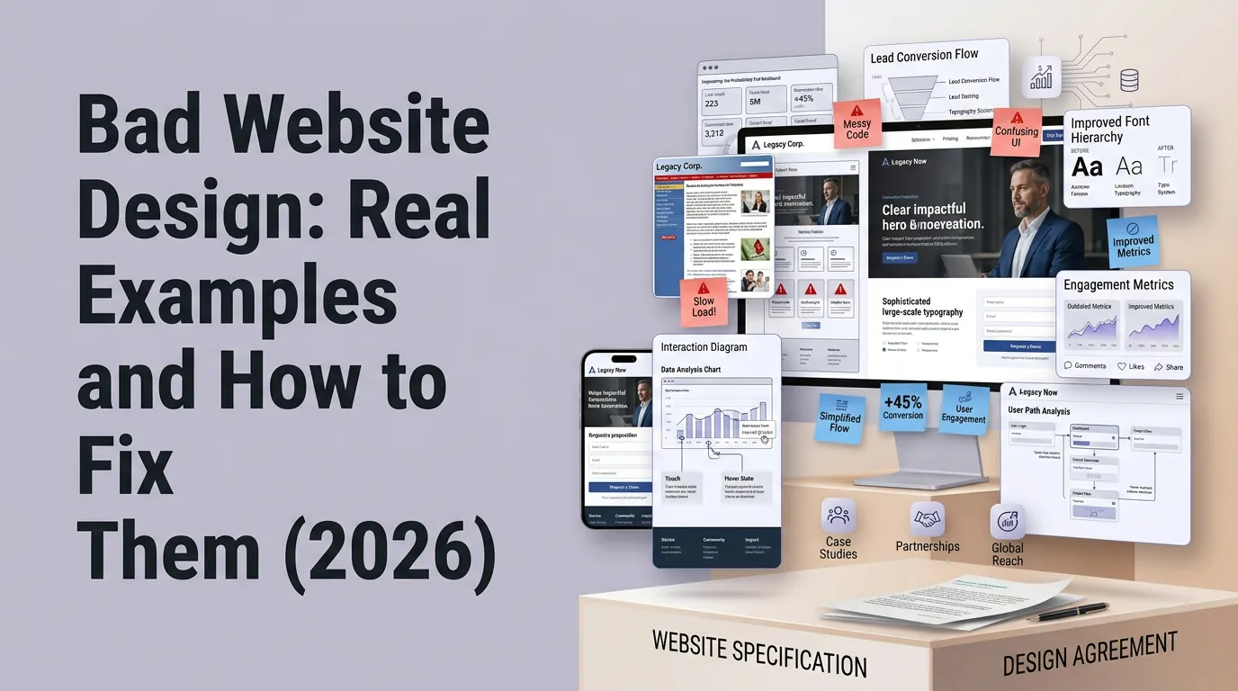 Annotated screenshot of a B2B homepage with red indicators showing bad design patterns: unclear CTA, generic headline, cluttered navigation, and missing mobile optimization