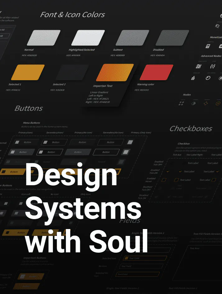 UX designer reviewing a design system with component libraries, brand values documentation, and visual language guidelines laid out on a large monitor in a modern studio