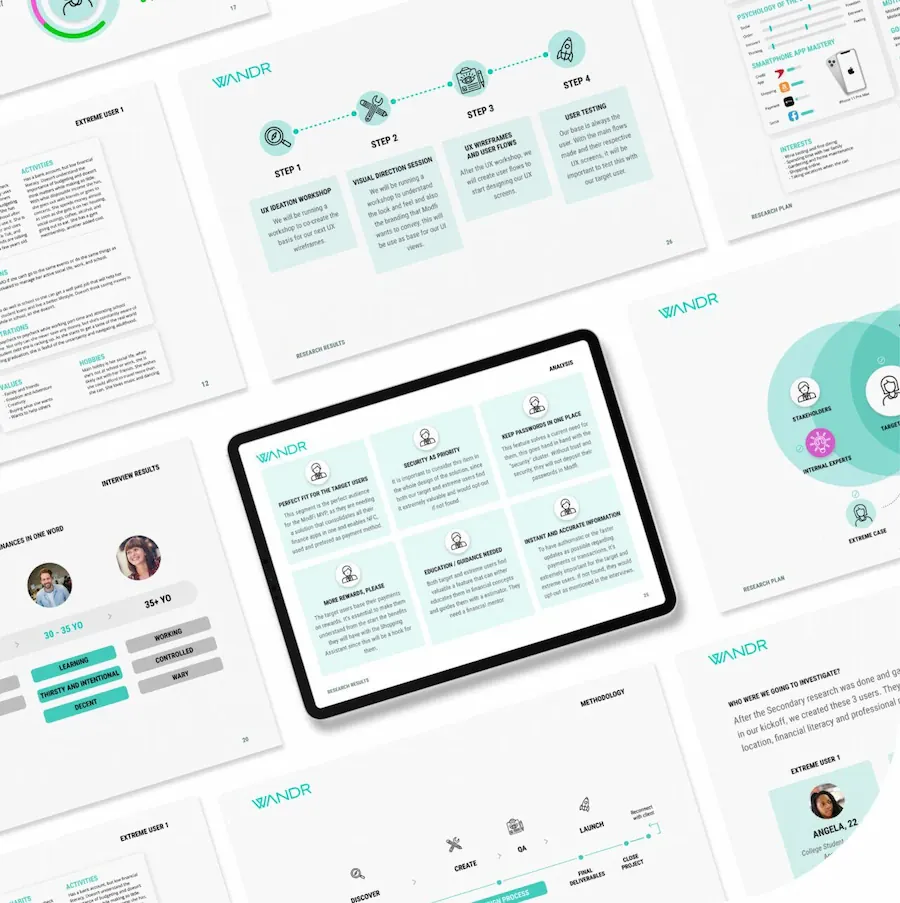 UX researcher and UX designer collaborating at a desk with user interview notes, usability testing results, wireframes, and journey maps spread across the workspace