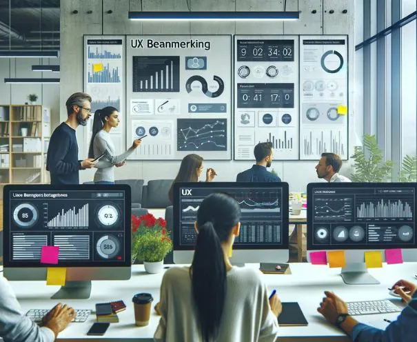 UX researchers analyzing usability metrics, benchmarking dashboards, and user testing data to improve digital product experiences.
