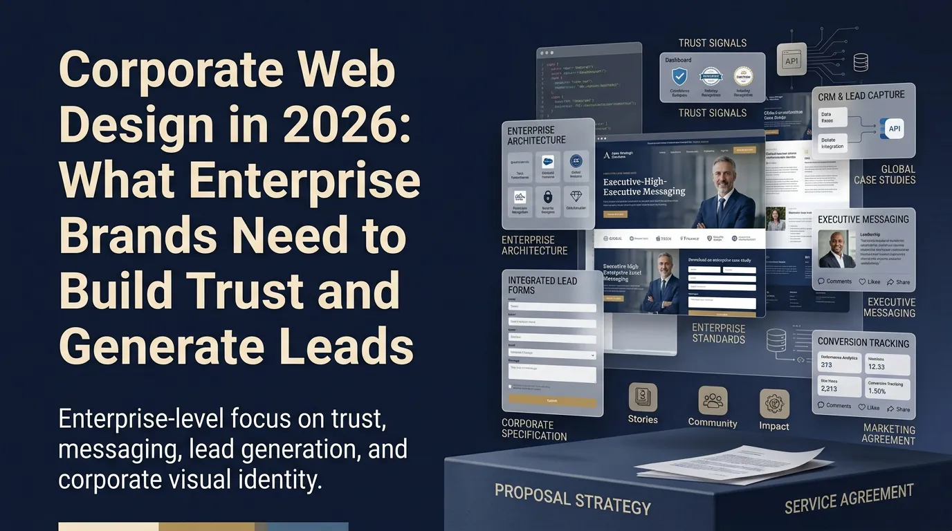 Clean, modern corporate B2B website homepage with bold typography, client logos as trust signals, and a prominent discovery call CTA above the fold on desktop and mobile