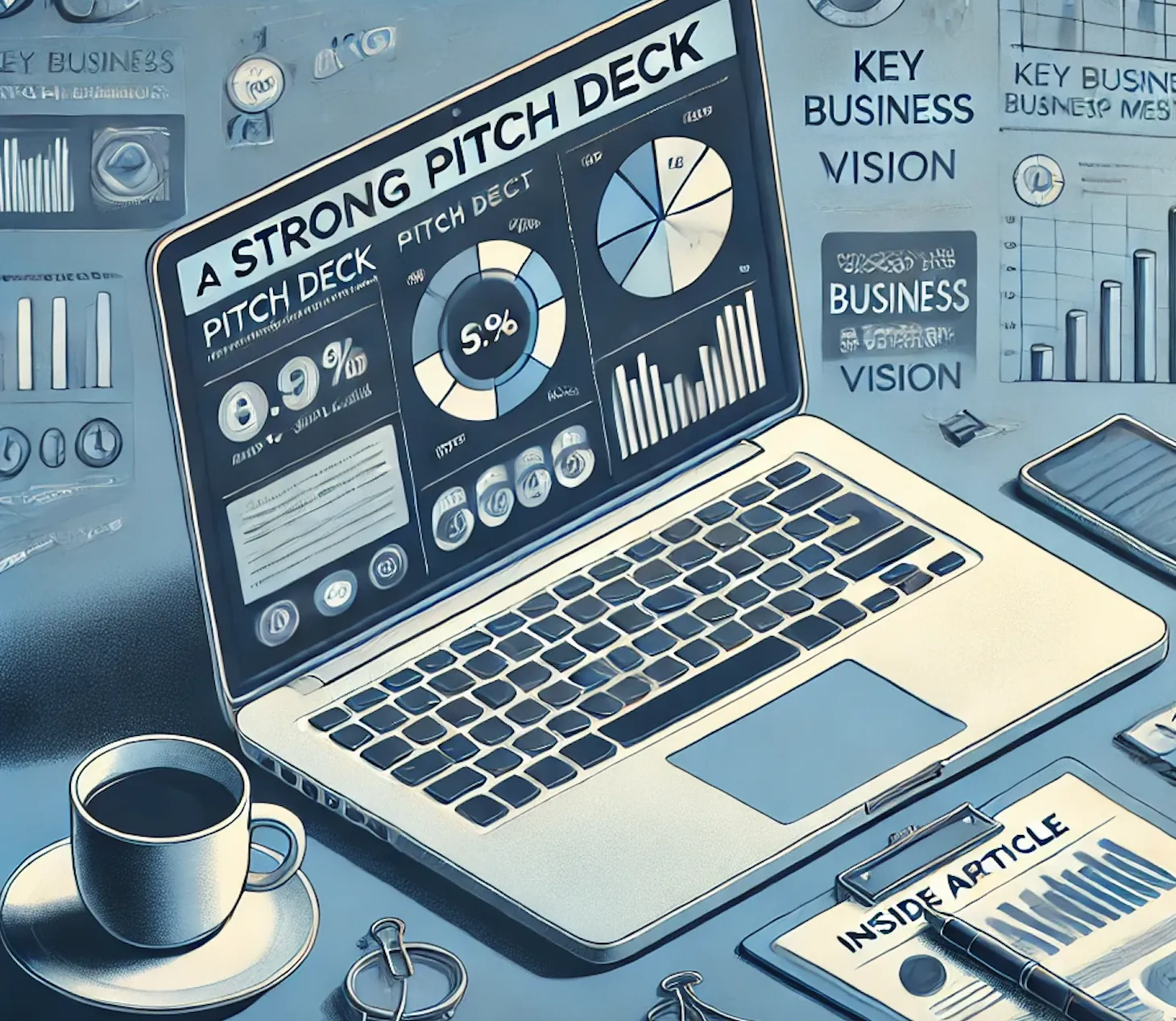 Illustration of a laptop with pitch deck slides covering key business points