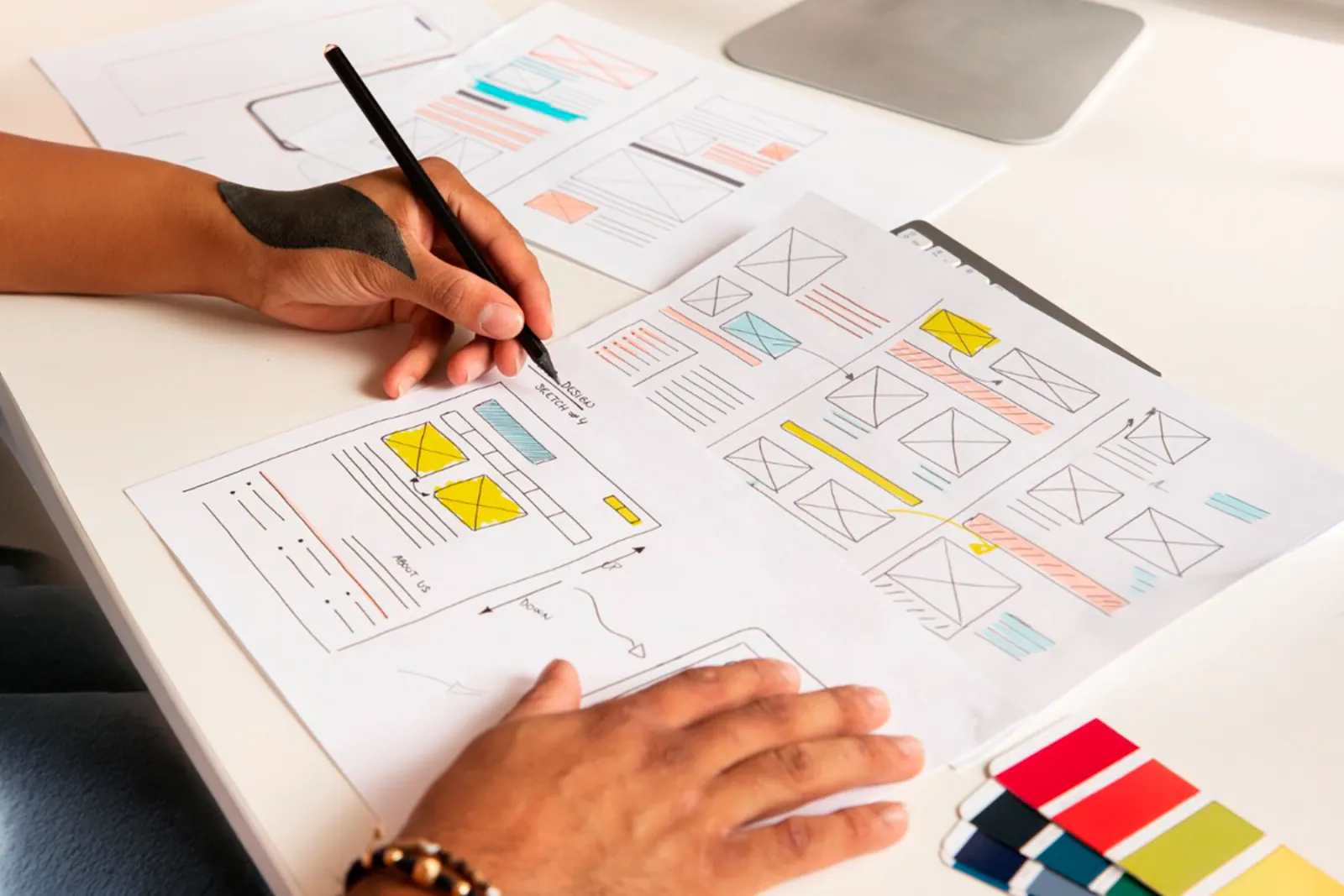 UX wireframes showing page structure and layout
