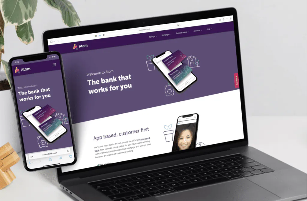 Atom Bank app showing security features like biometric login