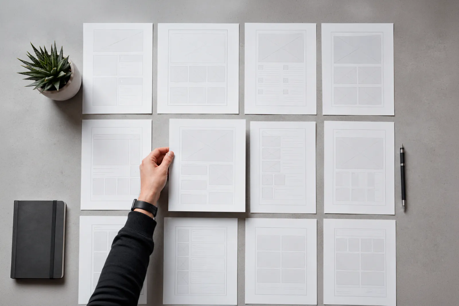 Designer organizing printed wireframe layouts on a desk, representing the systematic approach to B2B software product design strategy