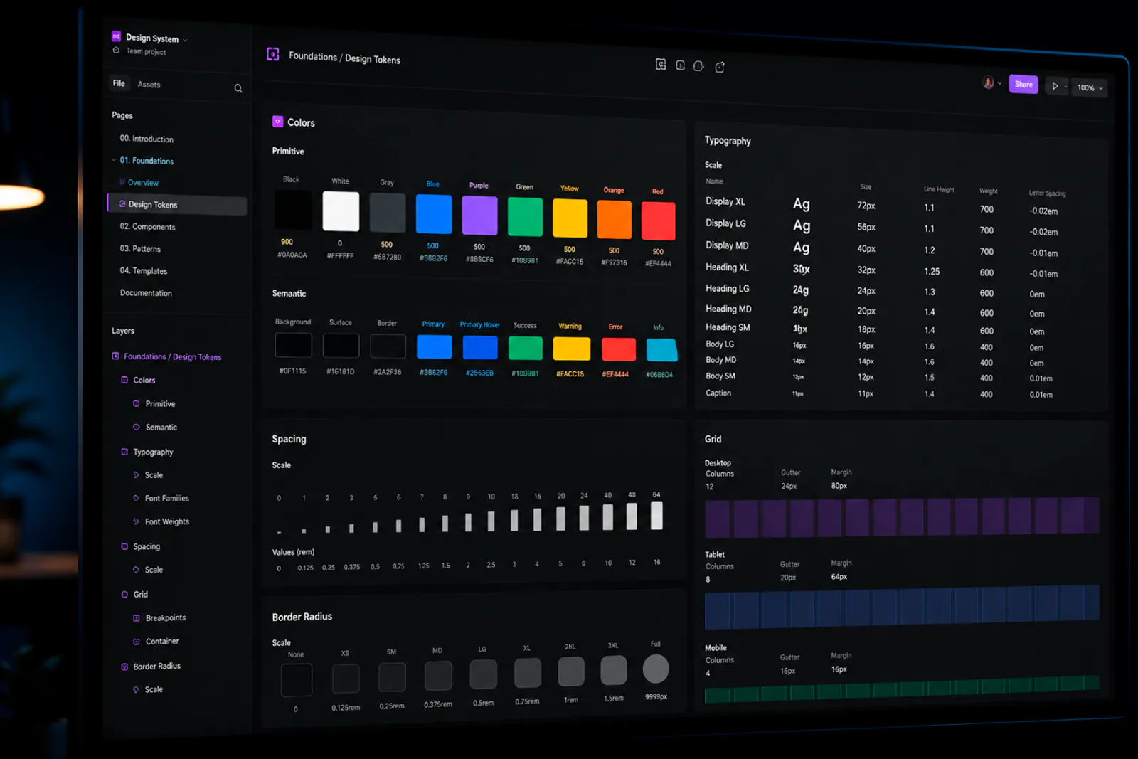 Design token architecture in Figma showing color palette, typography scale, and spacing system