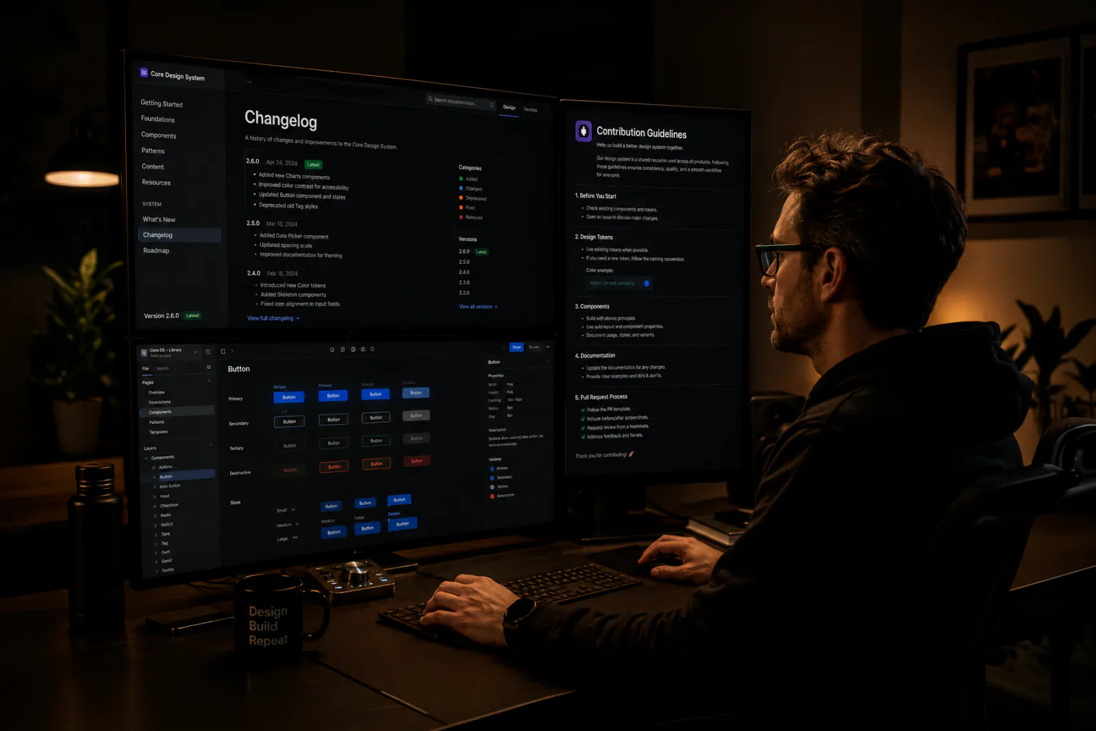Senior designer managing design system documentation, versioning, and contribution guidelines across multiple monitors