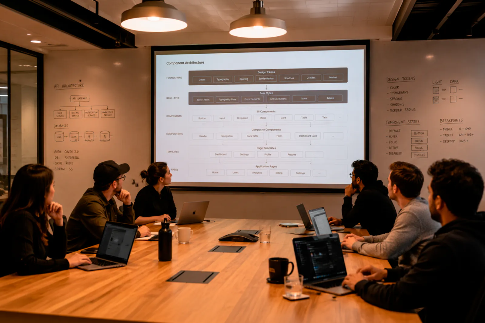 Cross-functional design and engineering team aligning on component architecture in a corporate conference room