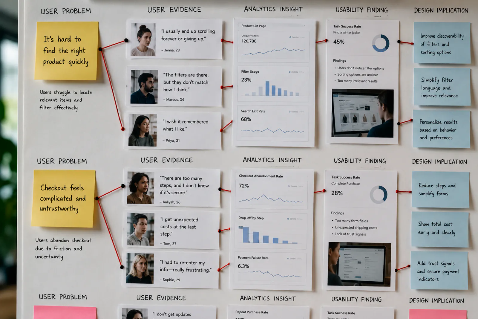 UX research wall showing organized usability testing findings, interview quotes, and analytics evidence connected to user problems