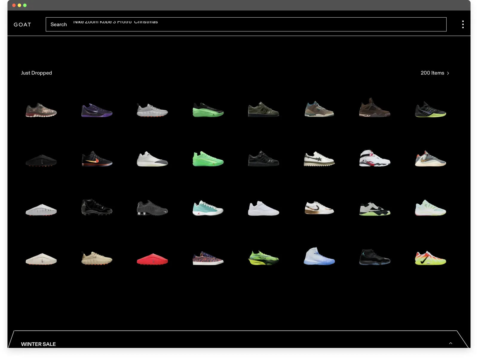 Screenshot of GOAT’s website UX showcasing sneaker listings in a clean marketplace layout