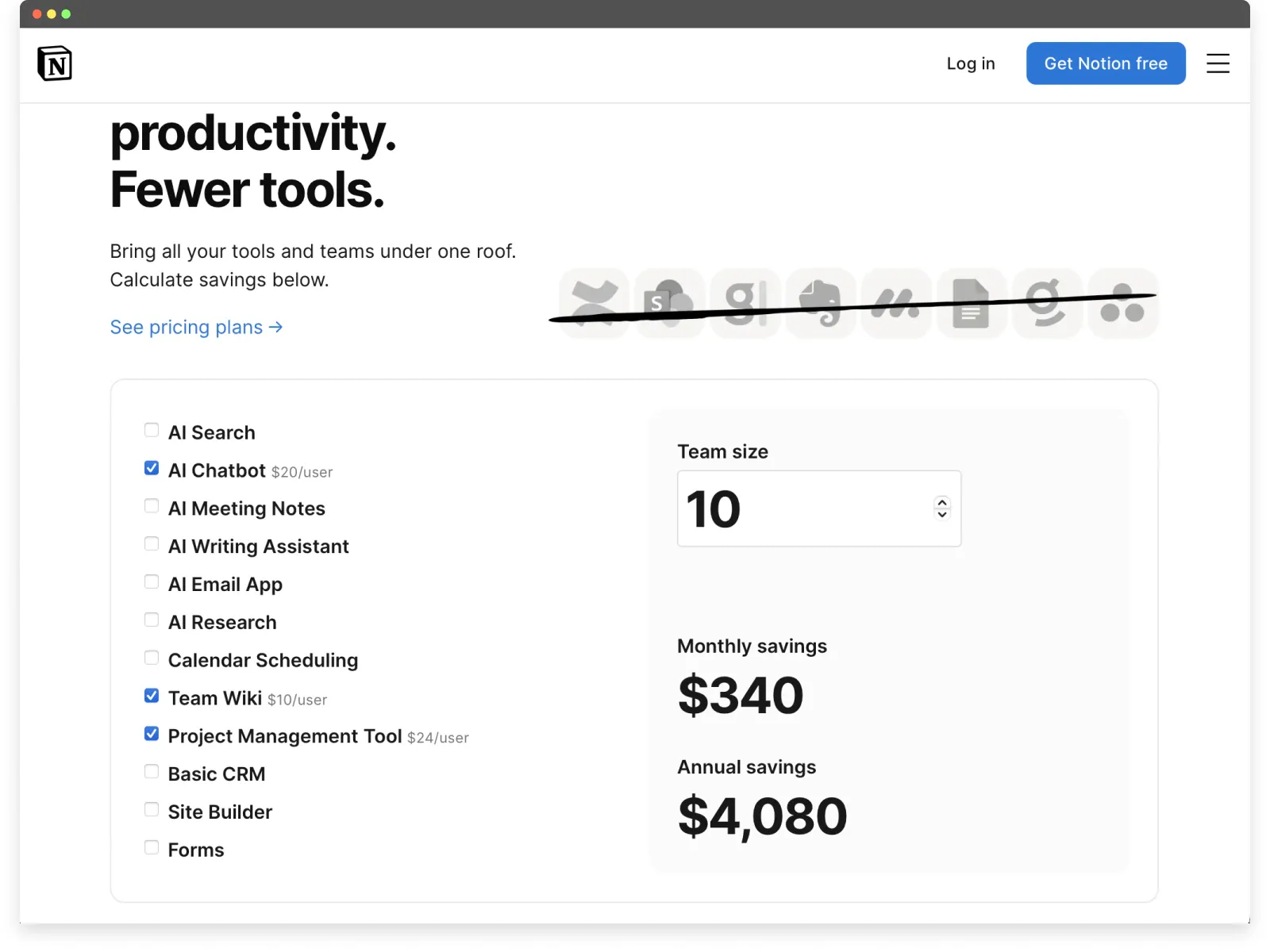 Screenshot of Notion’s website UX displaying interactive pricing with adjustable team size and features