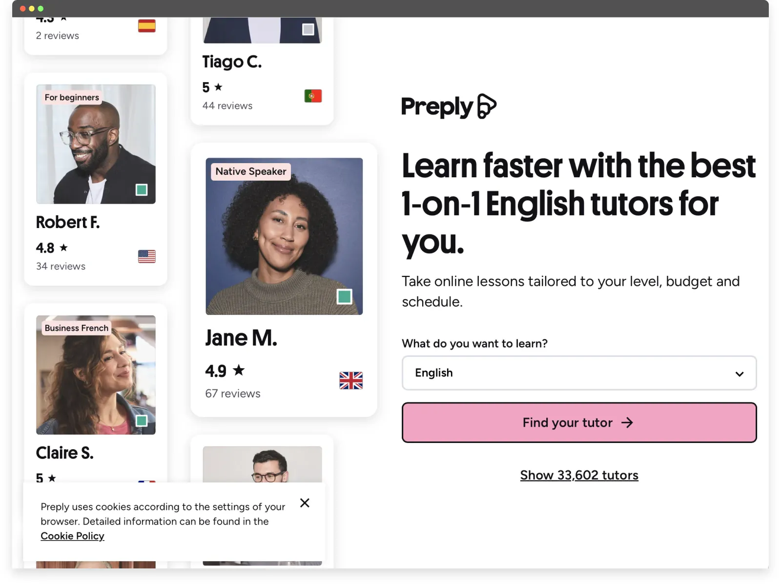 Screenshot of Preply’s website UX guiding users through the first step of finding a tutor