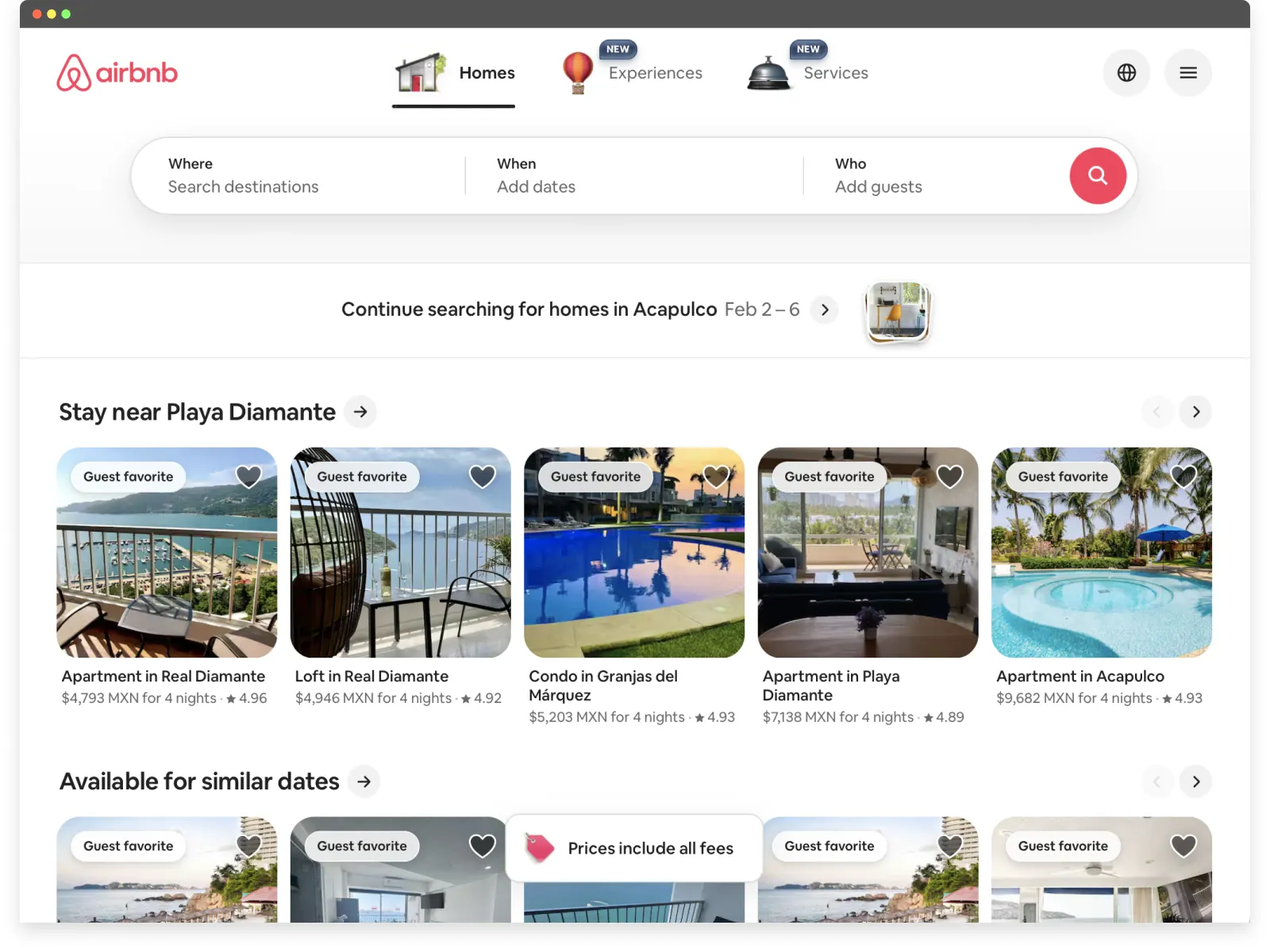 Screenshot of Airbnb’s website UX displaying visual property listings and pricing information