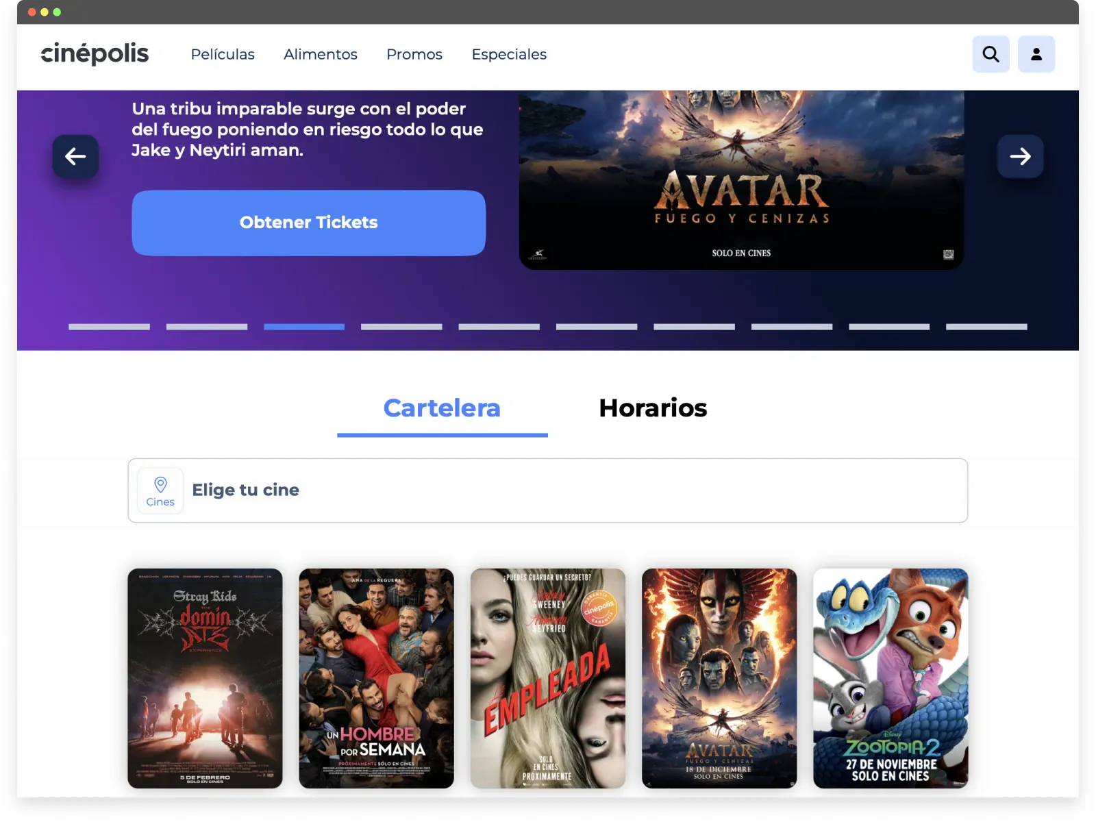 Screenshot of Cinépolis website UX showing movie listings and showtime options