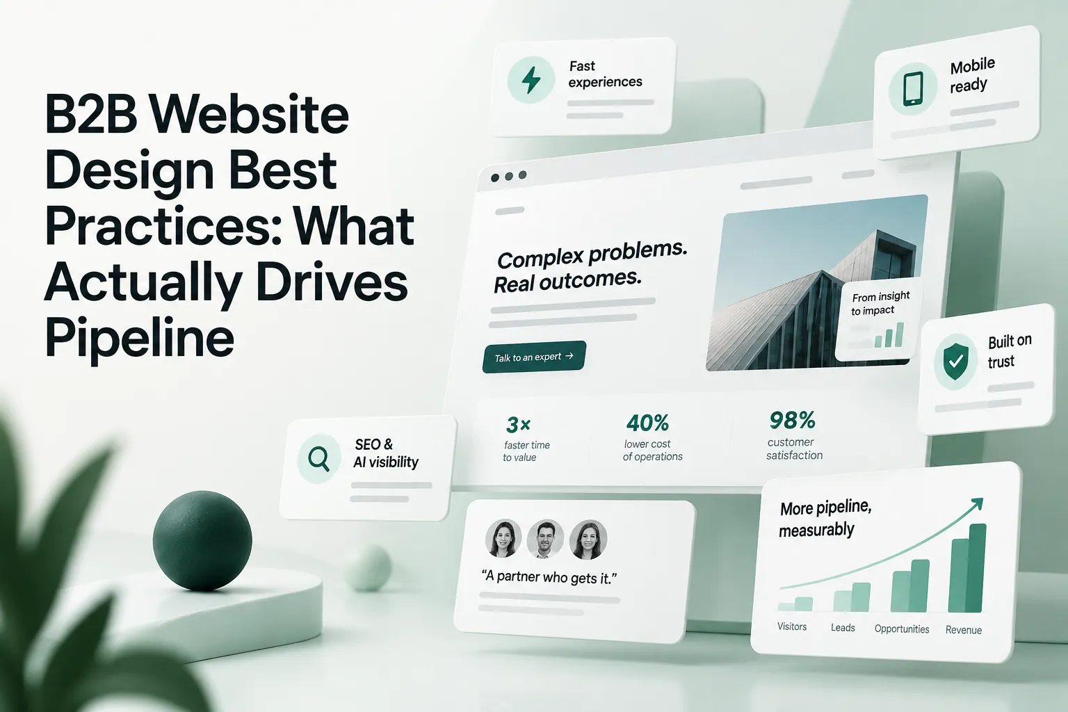 B2B website design best practices cover showing a website dashboard, performance metrics, trust cards, and an upward pipeline growth chart.