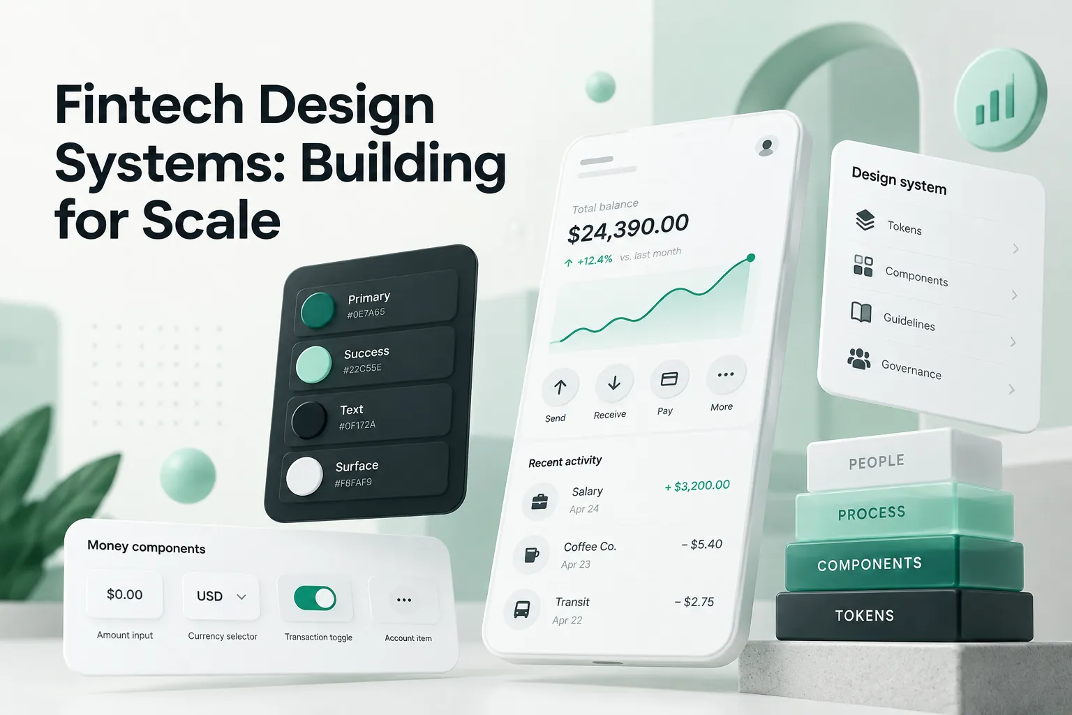 Fintech design systems visual with a banking app dashboard, color tokens, UI components, and stacked layers for scalable product design.