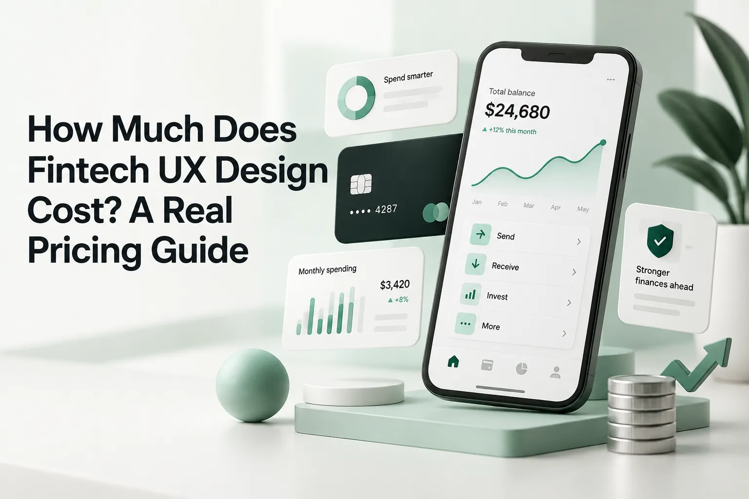 Fintech UX design pricing guide cover with a banking app, payment card, spending charts, balance data, coins, and upward trend arrow.