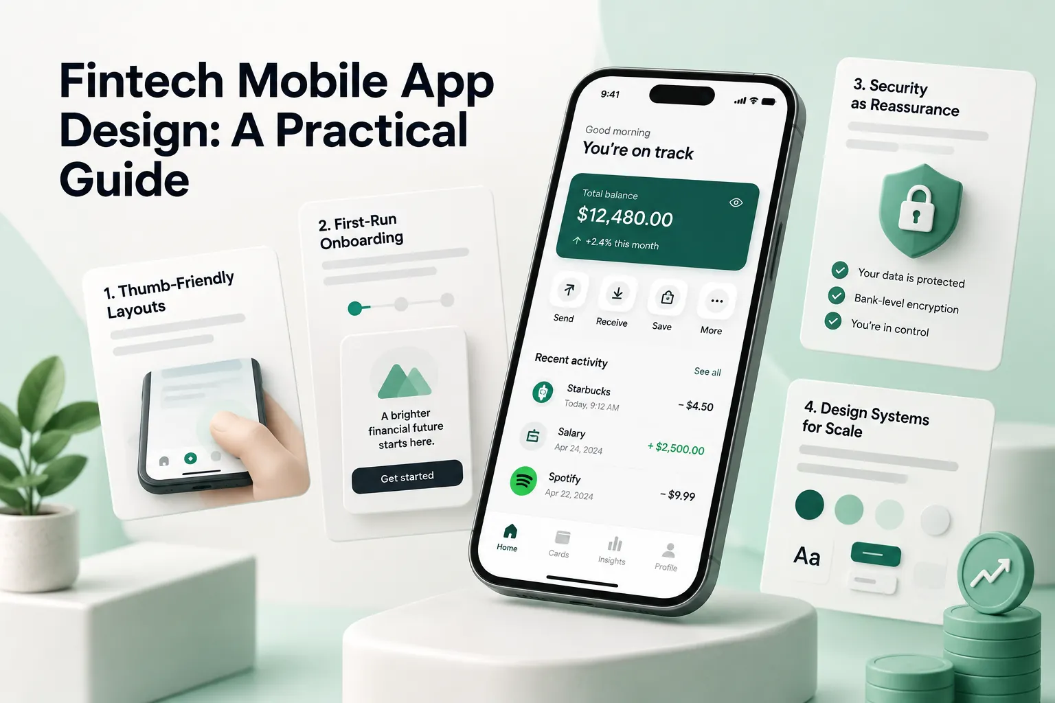Fintech mobile app design cover with a smartphone banking dashboard, onboarding, security, thumb-friendly layouts, and design system cards.