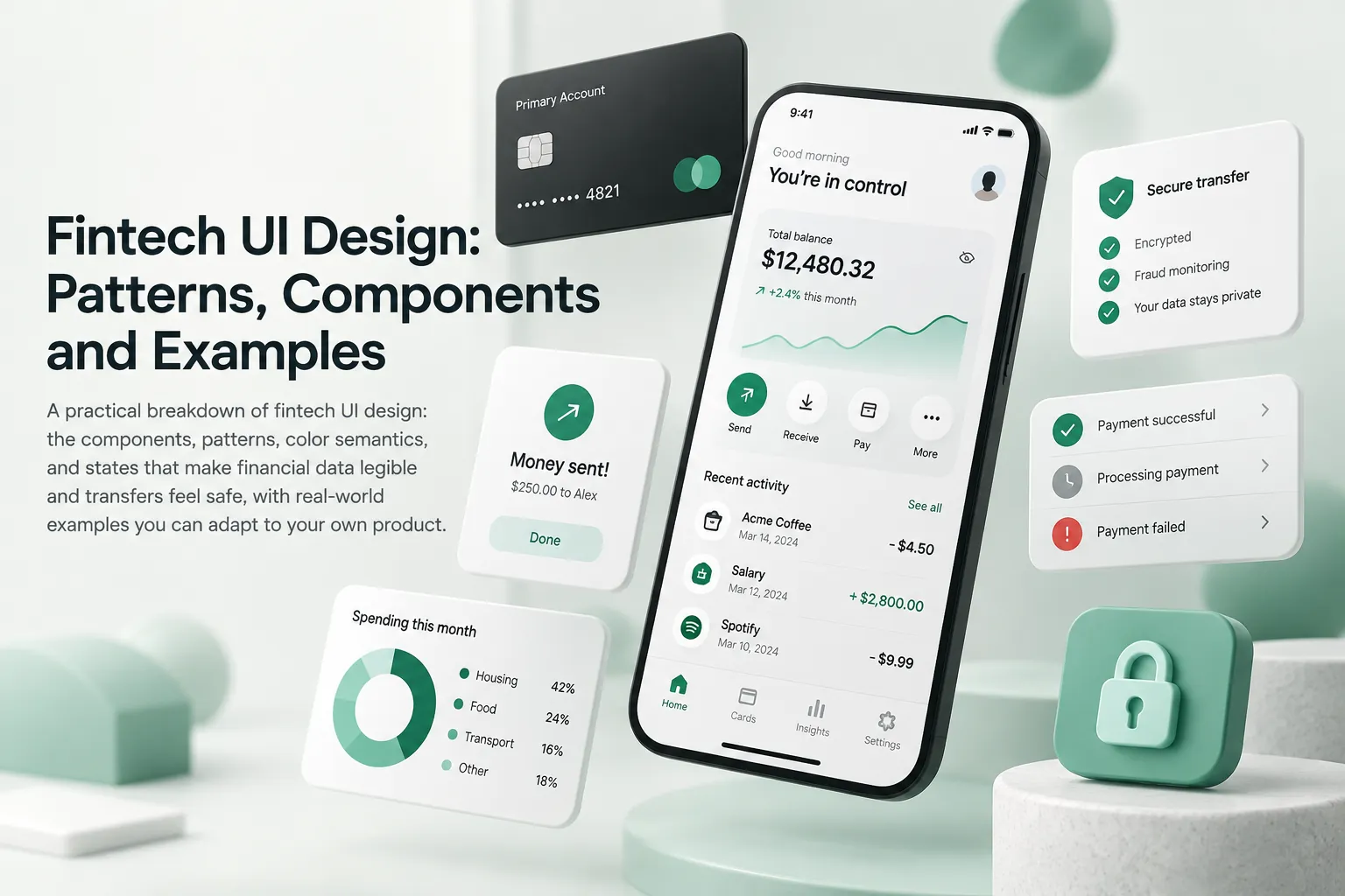 Fintech UI design cover showing a mobile banking app, payment cards, transaction panels, spending chart, security shield, and lock.