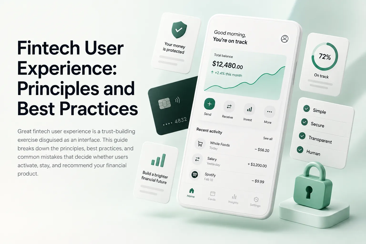 Fintech user experience guide cover with a mobile banking dashboard, balance chart, payment card, security icons, and principles checklist.