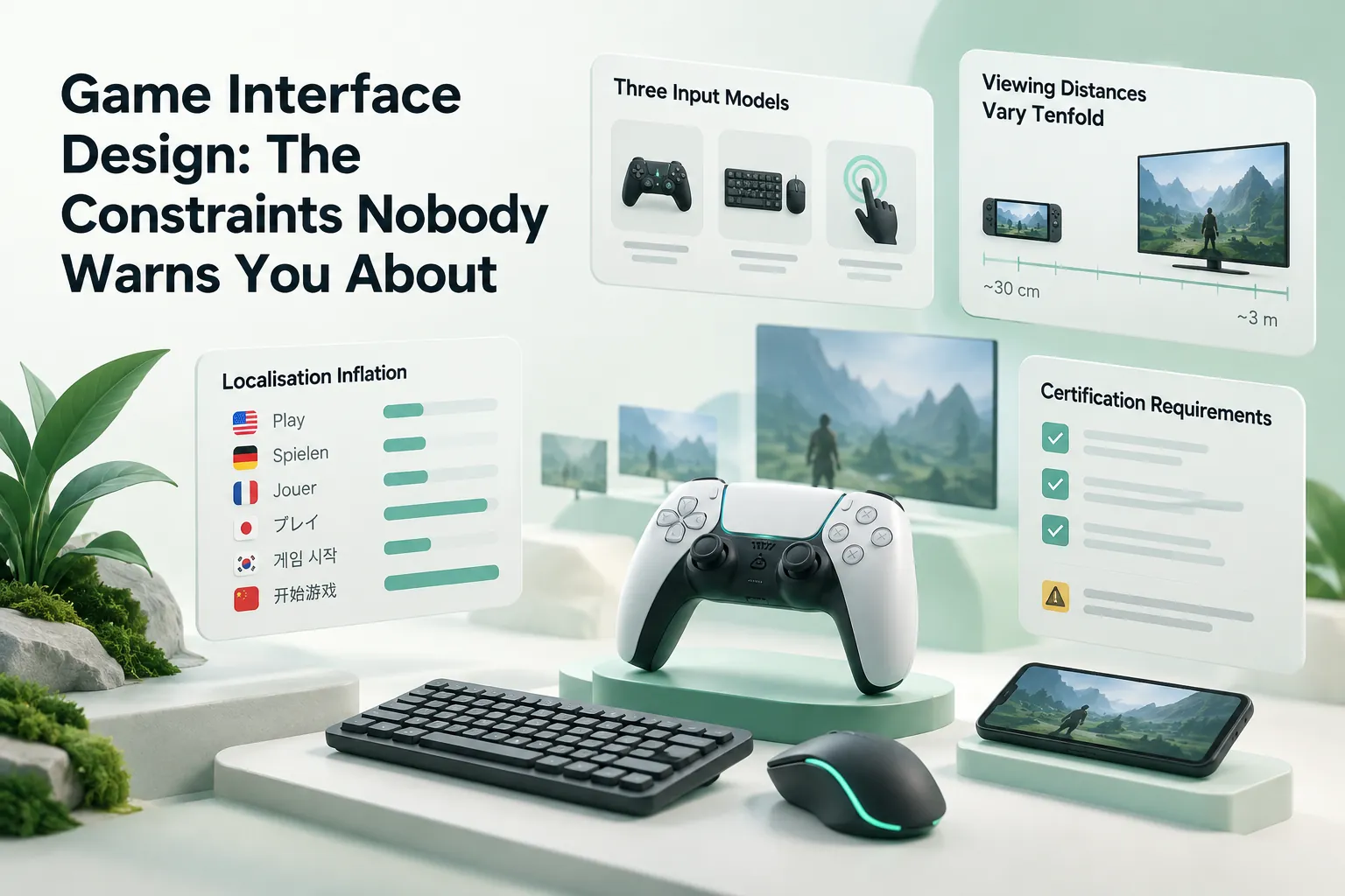 Game interface design constraints shown through controllers, keyboard, touchscreen displays, viewing distances, localization, and certification panels