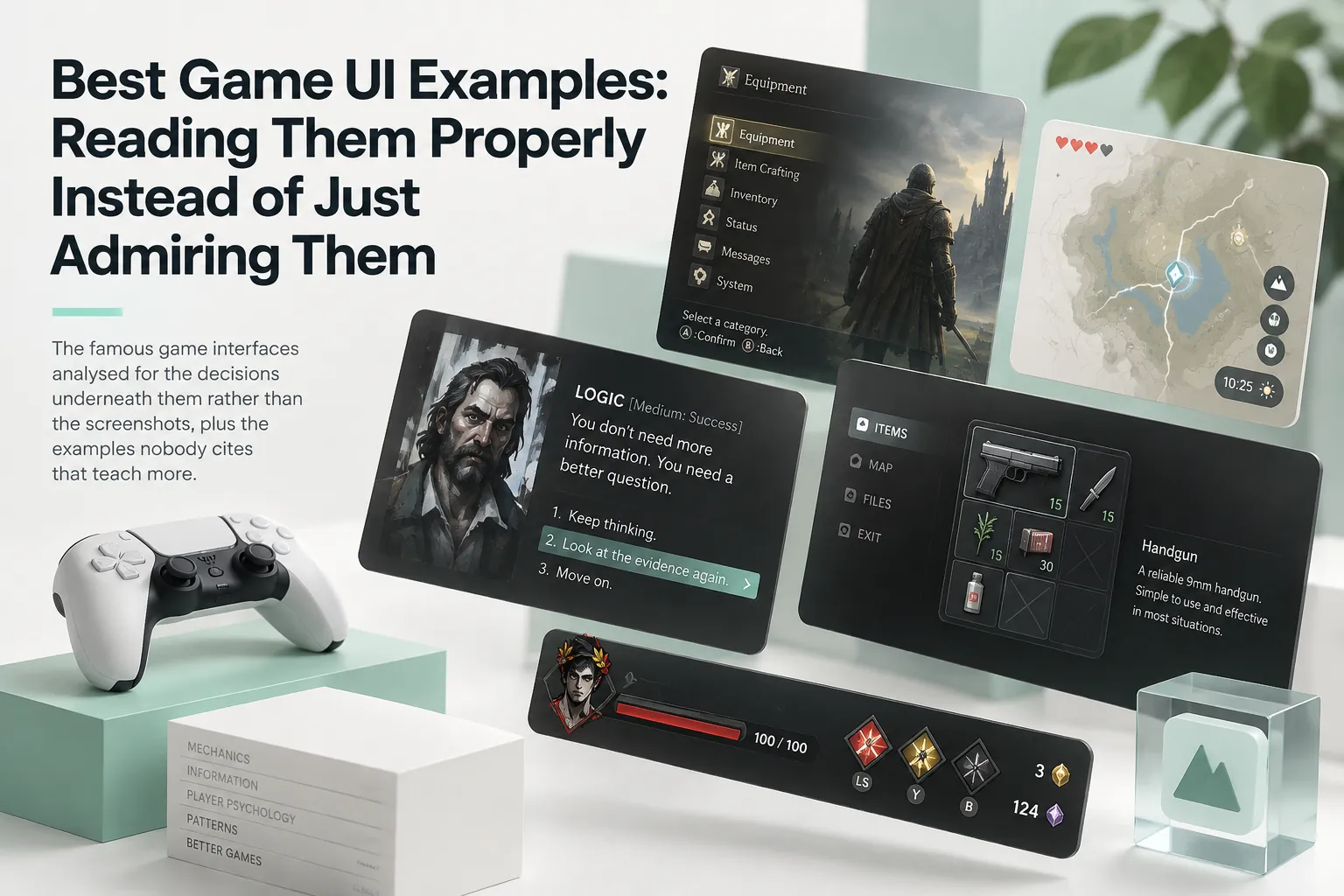 Game UI examples displayed as inventory, map, dialogue, and HUD screens, illustrating how to read game interfaces beyond admiring them.