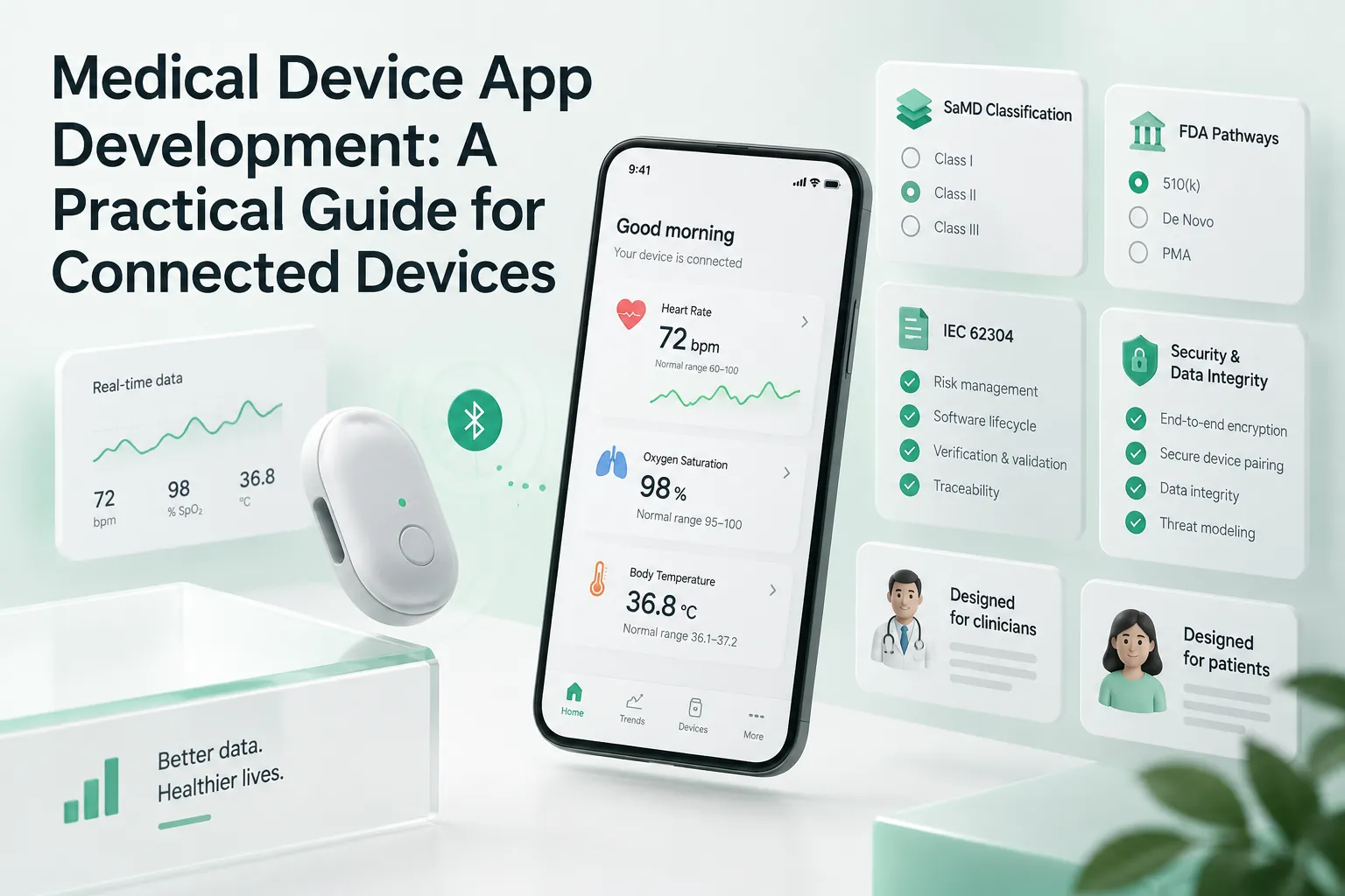 Medical device app development guide cover showing a connected health monitor, smartphone vitals dashboard, wearable sensor, and regulatory and securi