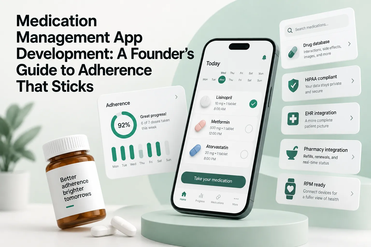 Medication management app development cover showing a smartphone adherence dashboard, pills, progress chart, and healthcare integration features.
