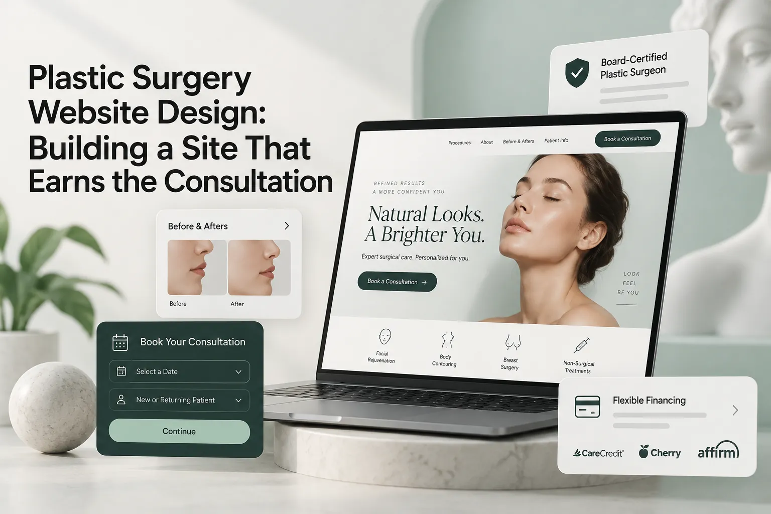 Plastic surgery website design cover showing a laptop consultation site, before-and-after photos, booking form, surgeon credential, and financing opti