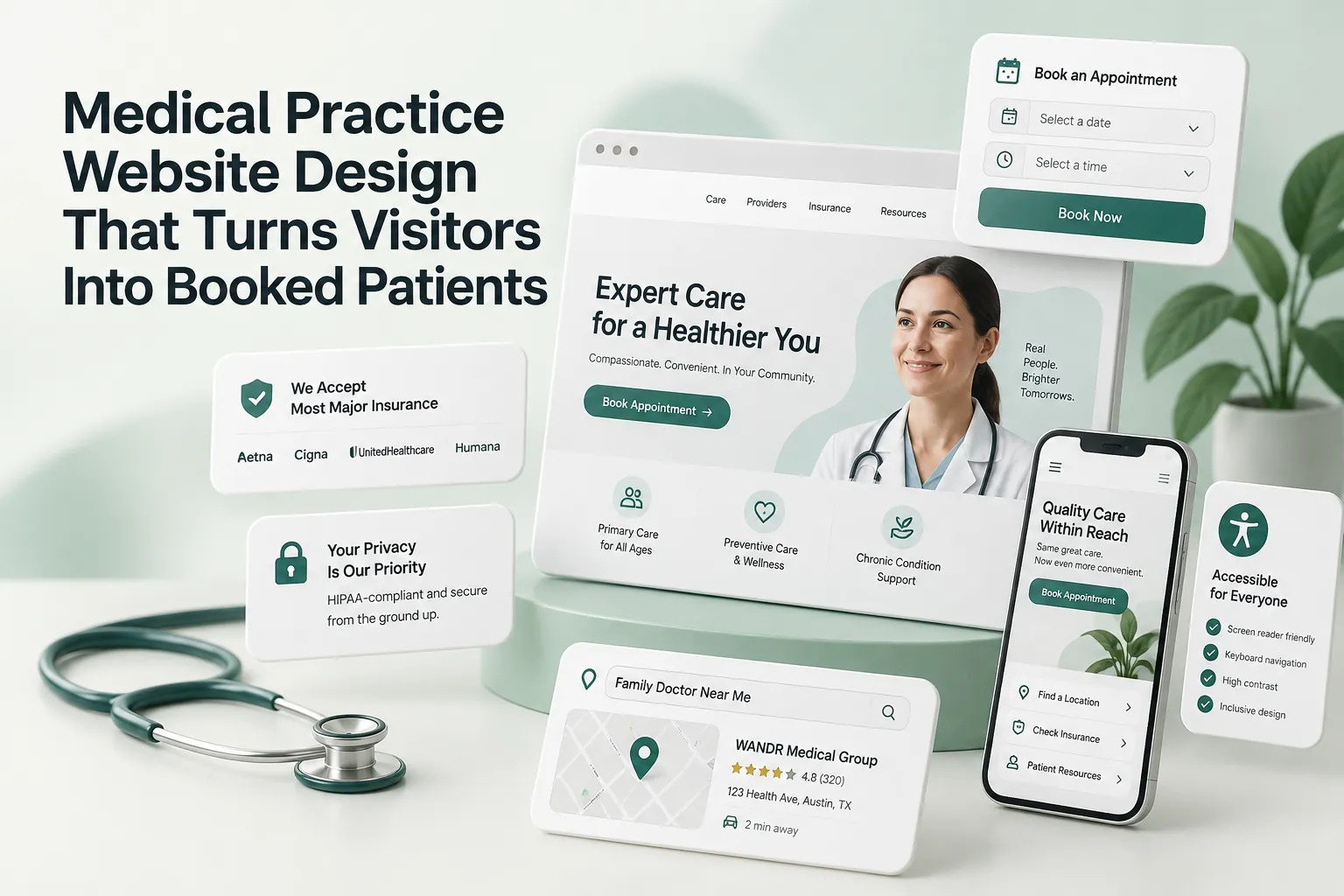 Medical practice website design cover showing a doctor’s website, appointment booking interface, insurance, privacy, accessibility, and mobile care fe